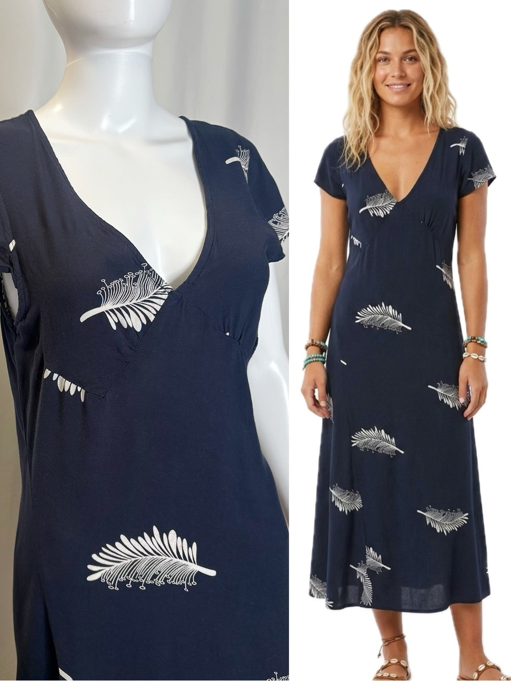 Obey Leaf Print Midi Dress Size Small Navy & White Short Split Sleeve A-Line